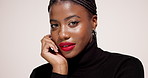 Makeup, lipstick and face of black woman on white background for beauty, cosmetics and salon. Mockup space, aesthetic and portrait of African person with lip gloss, shine and products in studio