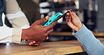 Hands, credit card and sale with pos, cafe or tap with customer experience for deal at food truck. Person, server and machine for discount, fintech and digital money with transaction at coffee shop