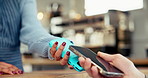 Hands, phone and sale with pos, cafe and tap for customer experience with deal at food truck. Person, server and machine with smartphone, fintech or mobile app for easy transaction at coffee shop