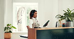 Headphones, hotel and concierge dancing with tablet for online booking, check in app and playlist. Hospitality service, happy woman and digital tech at front desk for reservation, music and energy