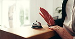 Secretary, guest and hands on bell at hotel reception as customer for help, answer and hospitality. People, arrival and ring at front desk of resort for accommodation, client booking or reservation