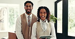 Hotel, front desk and face of people with tablet for friendly service, welcome and online checkin. Hospitality, team and portrait of man with woman on tech for booking, accommodation and reservation