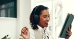 Headphones, hotel and receptionist dancing with tablet for online booking, check in app and music. Concierge service, happy woman and digital tech at front desk for reservation, playlist and energy