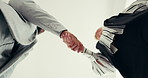 Business people, low angle or meeting in office for handshake, partnership or collaboration together. Accept, executive director or financial investor with proposal negotiation, promotion or teamwork