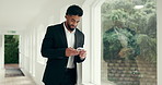 Phone, window and businessman in office with networking, contact or communication on mobile app. Cellphone, texting and financial manager with email for investment proposal with client in workplace.