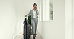 Phone call, walking and business woman with suitcase for networking, contact and talking for tradeshow. Corporate trip, travel and person on smartphone for discussion, communication or schedule