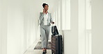 Phone call, suitcase and business woman in hotel for networking, contact and talking in hallway. Corporate trip, travel and person walking with smartphone for discussion, communication or schedule