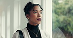 Thinking, window and breathing with business woman for reflection, gallery curator or planning. Calm, exhibition coordinator and problem solving with person for idea, planning and creative director