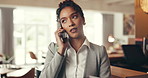 Woman, lounge and ticket with phone call for travel, planning and meeting at reception on business trip. Hospitality, accommodation and person in lobby with smartphone, networking and conversation