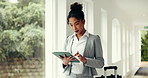Business woman, travel and online booking with tablet or suitcase for research or accommodation. Female person, traveler or browsing with technology or app for flight schedule or planning commute