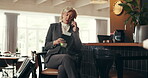 Mature woman, lounge and ticket with phone call for travel, planning and meeting arrangements on business trip. Hospitality, suitcase and person in lobby with smartphone, networking and conversation