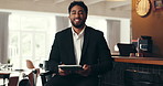 Hotel, face and business man in lobby on tablet for online booking, accommodation and seminar. Work trip, hospitality and portrait of person on tech for conference, schedule and corporate event