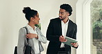 Business people, luggage and talking with meeting for travel, work trip or schedule on tablet. Happy man, woman and employees with suitcase in hotel for discussion, commute or friends chat in hallway