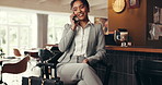 Woman, lounge and smile with phone call for travel, coffee and message at cafe reception on business trip. Hospitality, accommodation and person in lobby with smartphone, luggage and conversation