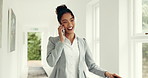 Phone call, hallway and business woman in hotel for networking, contact and talking for seminar. Corporate trip, travel and person with suitcase on smartphone for chat, communication and schedule