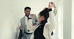 Business, group and dancing in office corridor for finance pitch success, funding approval or goals. Financial team, people and walking in hallway with celebration, investment deal and company growth