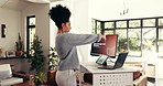 Remote work, screen and stretching with woman in home office for agile management practices. Arms, muscle fatigue and statistics with freelance employee in apartment for small business research