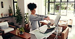 Remote work, stretching and technology with woman in home office for online planning or research. Arms, muscle fatigue and documents with freelance employee in apartment for small business startup