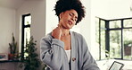 Woman, massage and neck pain for remote work at house, muscle pressure and osteoporosis injury. Female accountant, discomfort and laptop with joint strain, burnout and relief with fibromyalgia risk 