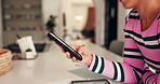 Hands, phone and woman in home office for remote work, social media and campaign graphs. Mobile, typing and freelancer on internet for email, ads and text message for engagement metrics with data