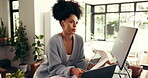 Thinking, employee and woman with documents, home and planning for freelance projects or technology. Reflection, accountant and person with laptop for remote work, financial report or idea for budget