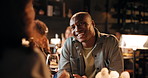 Conversation, connection and man on date in restaurant for love, bonding or anniversary celebration. Talking, fine dining and couple at romantic dinner together for relationship at luxury diner.