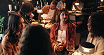 Conversation, girls night and friends in restaurant for bonding, reunion or social gathering. Fine dining, talking and wine with group of people at table together for evening catch up or drinks