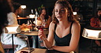 Conversation, wine and woman on date in restaurant for love, bonding or anniversary celebration. Talking, fine dining and couple with alcohol drink at romantic dinner for relationship at diner.