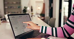 Hands, woman and calendar on laptop at house for reminder, planning and budget timeline. Person, pc screen and writing notes for appointment date, event schedule and information of financial deadline