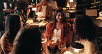 Conversation, girls night and women in restaurant for bonding, reunion or social gathering. Fine dining, talking and wine with group of friends at table together for evening catch up or drinks