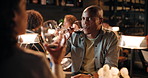 Conversation, wine and man on date in restaurant for love, bonding or anniversary celebration. Talking, fine dining and couple with alcoholic drink at romantic dinner at luxury diner together.