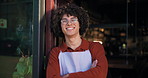 Face, server or happy man in cafe with arms crossed, confidence or hospitality service. Portrait, proud barista or friendly waiter at restaurant entrance with smile, apron or welcome to coffee shop