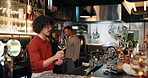 Barman, people and swirl wine in glass for taste testing, quality control and aroma demonstration. Customers, bartender and drinking alcohol, balance flavour and evaluation process to prepare palate