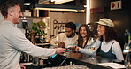 Woman, waiter and machine with phone payment, transaction and fintech at bar. Bartender, people and electronic pos for alcohol checkout, purchase drinks and contactless for customer experience at pub