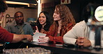 Menu, pub and people with order for drink with recommendation on night out at restaurant. Customer service, bartender and group of friends asking for beverage with offer at diner bar for happy hour.