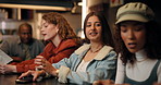 Talk, night and women in conversation at restaurant bar together for bonding or holiday. Evening, love and happy people in pub for talking, evening celebration or friendship reunion for networking