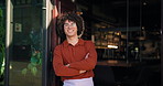 Smile, crossed arms and face of waiter at restaurant with confidence for hospitality industry. Happy, pride and portrait of male barista from Brazil at door for welcome in customer service at diner.