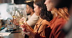 Group, people and swirl wine for tasting experience, release aroma or improve flavor at pub. Friends, glass and test alcohol for quality drink, beverage or woman at bar for happy hour at social event