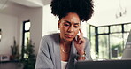 Thinking, woman and employee with laptop, home office and planning for financial report and project. Reflection, accountant and African person with tech for remote work, freelance and idea for budget