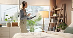 Student, headphones and dance with tablet, drawing and music for education and project. Bedroom, thinking and Gen z woman with tech, digital art and study for graphic design or elearning podcast