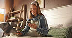 Happy, woman and texting with smartphone, bedroom and ghostwriter with laptop for project or online. Remote work, freelancer and notification on mobile in house, message or person with tech for ebook