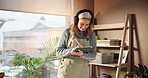 Student, music and dance with tablet, drawing and headphones for education and project. Bedroom, thinking and Gen z woman with tech, digital art and study for graphic design or elearning podcast