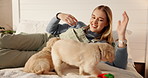 Love, woman and playing with puppies on bed for connection, bonding together and adoption. Pet energy, dog mom and animal toys in bedroom with friendship, attention or domestic companion in apartment