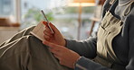 Relax, thinking and writing with hands of person in home for agenda, calendar or schedule planning. Ideas, notebook and pen with woman in apartment for to do list in diary, journal or planner