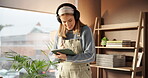 Student, headphones and music with tablet, drawing and dance for education and prepare for project. Home, smile and Gen z woman with tech, digital art and studying for design and elearning podcast