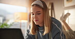 Laptop, laugh and woman on bed with typing for social media, chat or post in home. Online, communication and student in bedroom with holiday break for message, dating app or conversation in house