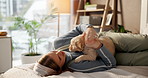 Woman, dog and playing with pet in bed for animal welfare, care or bonding together in home. Female person, owner and labrador with puppy or love for companion, canine or safety and security in house