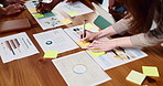 Group, hands and business people writing with paperwork, graphs and financial strategy. Team, meeting and brainstorming with document, kpi chart and sticky note for investment planning in office