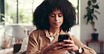 Scroll, reading and phone with woman on sofa for social media, blog post and communication app. Newsletter update, connection and calm with person in living room of home for network, search and chat
