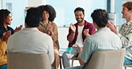 Happy, group and applause for therapy session, circle and support for mental health, help and trust. Clapping, people and celebration for breakthrough, compassion and community for counselling